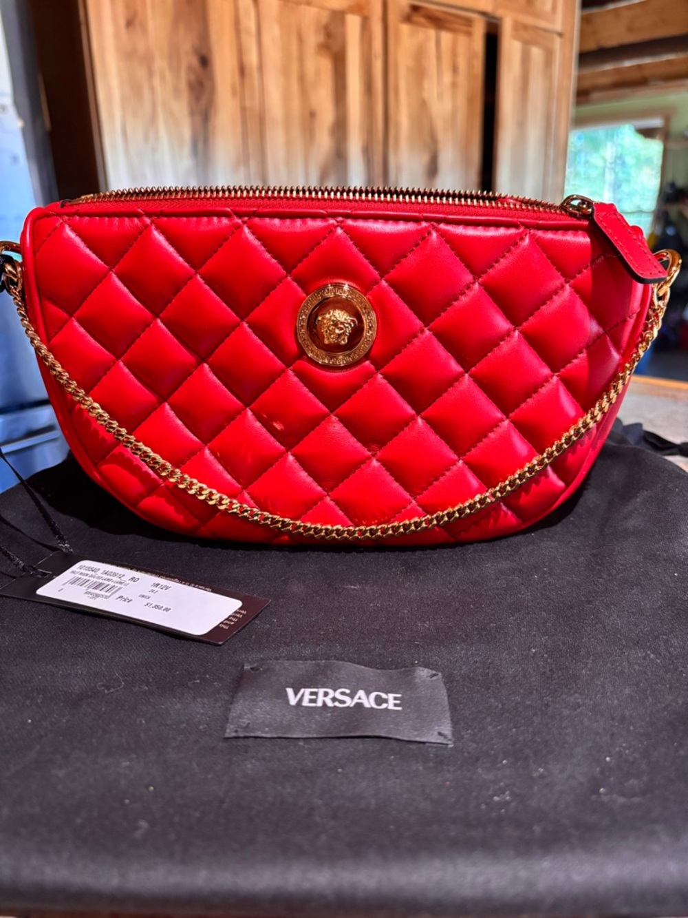 Versace Quilted Red Mini Shoulder Bag with Gold Medallion and Chain